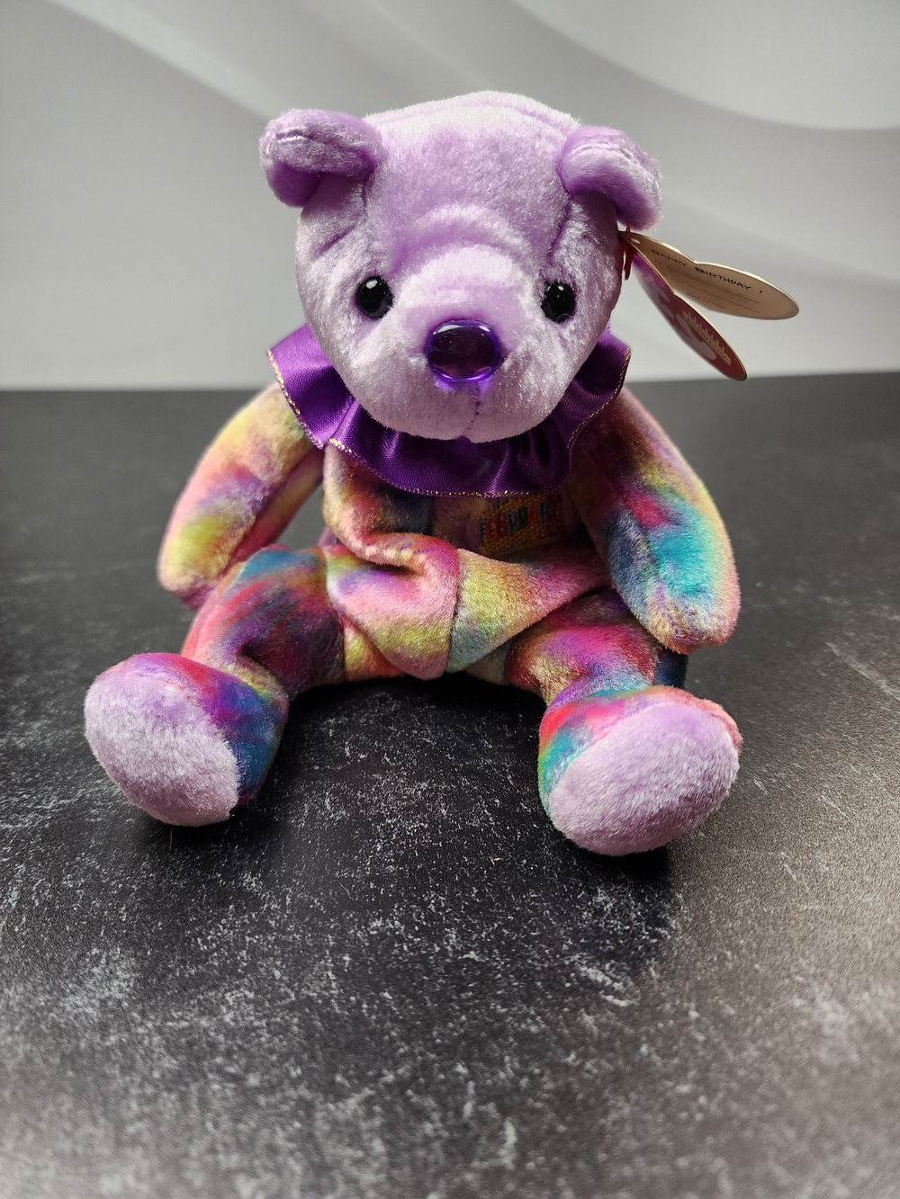 🎂 Ty Beanie Baby Happy Birthday Bear — Tie-Dye Rainbow with Purple — With Tag
